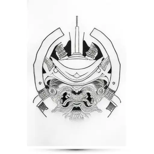 Japanese black and white symmetrical masked samurai  tattoo design idea