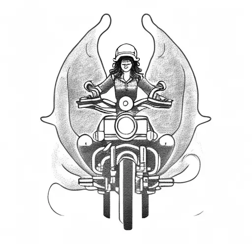 A blackwork tattoo of a builder woman riding a Harley Davidson motorcycle on a coastal road tattoo design idea