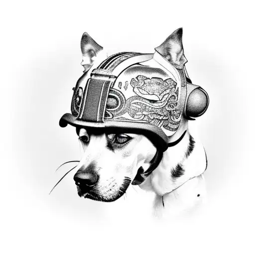 A black and grey portrait of your dog wearing a racing helmet tattoo design idea