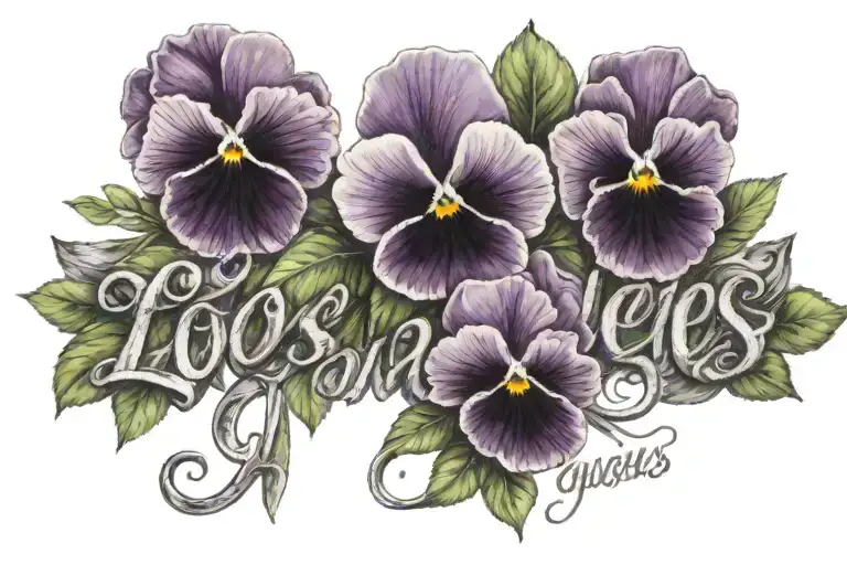 los angeles wording with pansy flowers  tattoo design idea