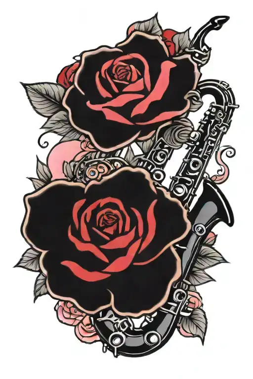 black saxophone surrounded by pink and red roses tattoo design idea