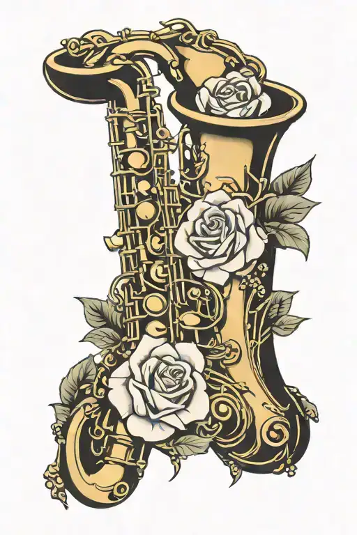saxophone and rose tattoo design idea