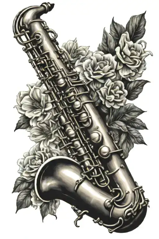 saxophone surrounded by flowers tattoo design idea