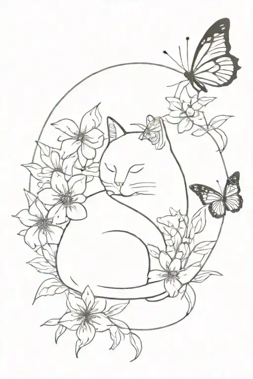 Sleeping cat surrounded by flowers and a butterfly tattoo design idea