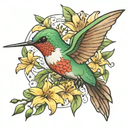 hummingbird and lily flowers tattoo design idea