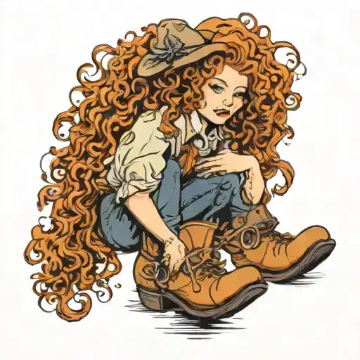 Women with ginger curly hair wearing cowboy boots  tattoo design idea