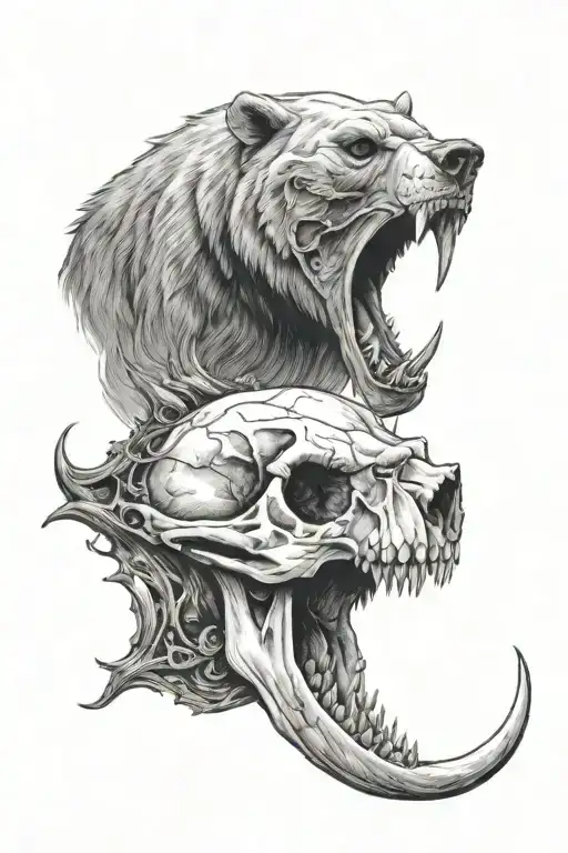bear skull infront of moon tattoo design idea