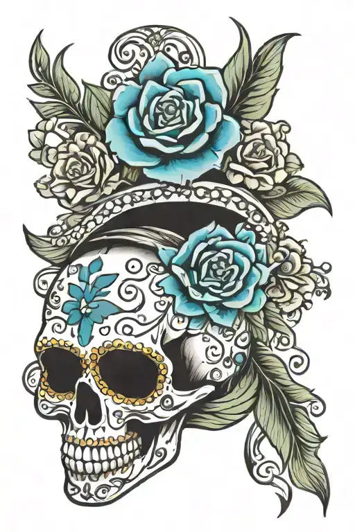 sugar skull Dallas cowboy's feminine flowers surrounding tattoo design idea