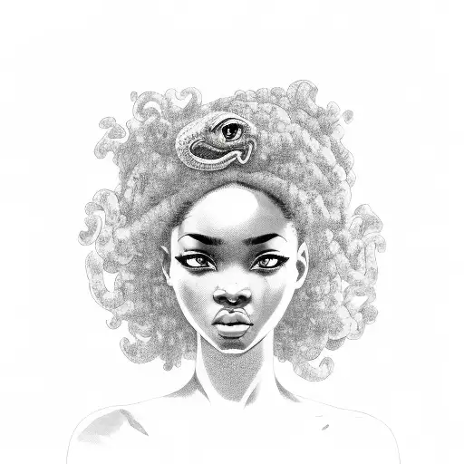 young goddess, beautiful face, Black woman with afro hair, posing with a snake around her neck and arm tattoo design idea