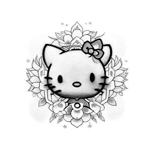 A dotwork tattoo of a grunge-style hello kitty surrounded by emo-inspired flowers tattoo design idea