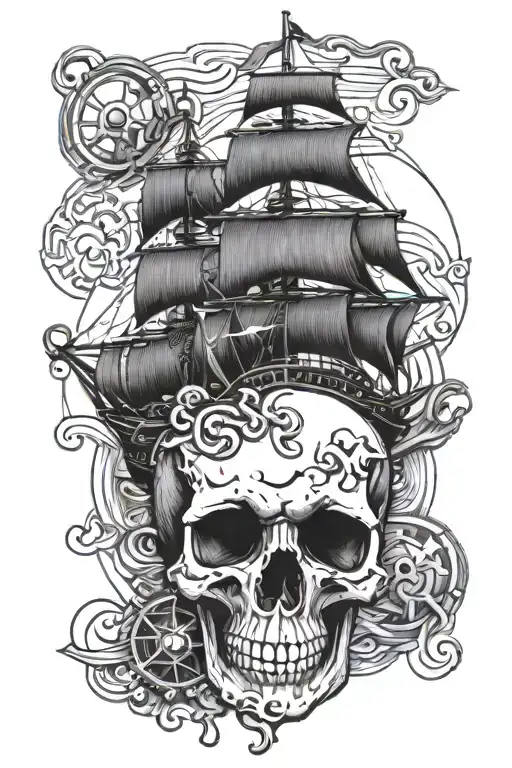 skull with compas neptun waves Ship tattoo design idea