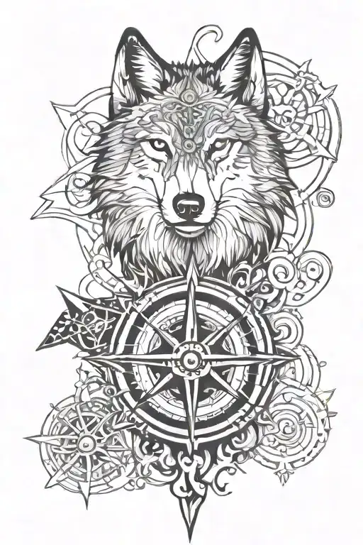 wolf with compass rose with intricate tattoo design idea