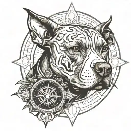 Pitbull and a compass intertwined tattoo design idea