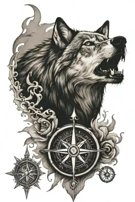 wolf,skull and compass rose tattoo design idea