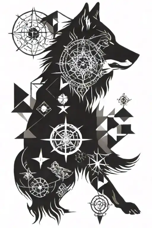 wolf with compass rose with intricate geometric patterns tattoo design idea