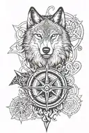 wolf with compass rose with intricate tattoo design idea