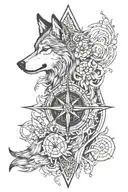 wolf with compass rose with intricate tattoo design idea