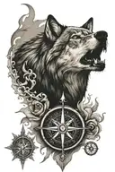 wolf,skull and compass rose tattoo design idea