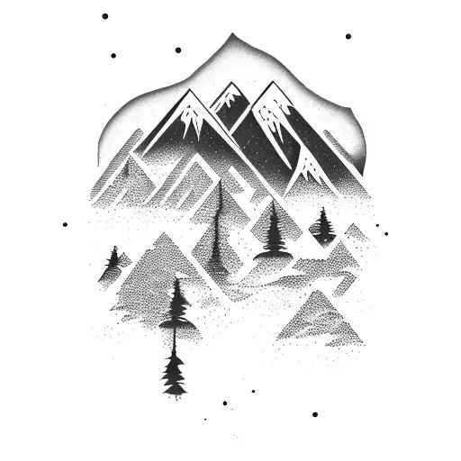 Mountain range silhouette with snowboarding tracks tattoo design idea