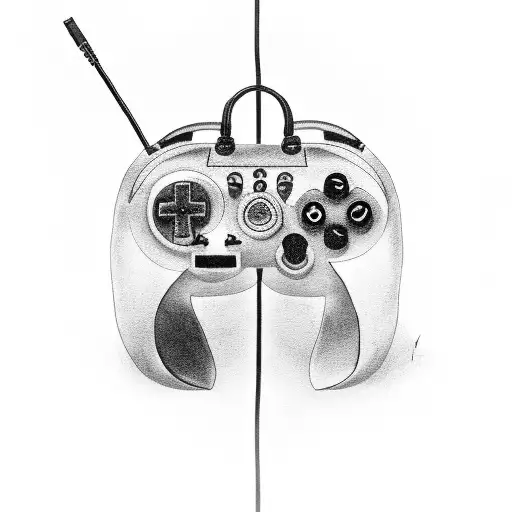 A black-grey tattoo of a gaming controller with a Bible verse incorporated tattoo design idea