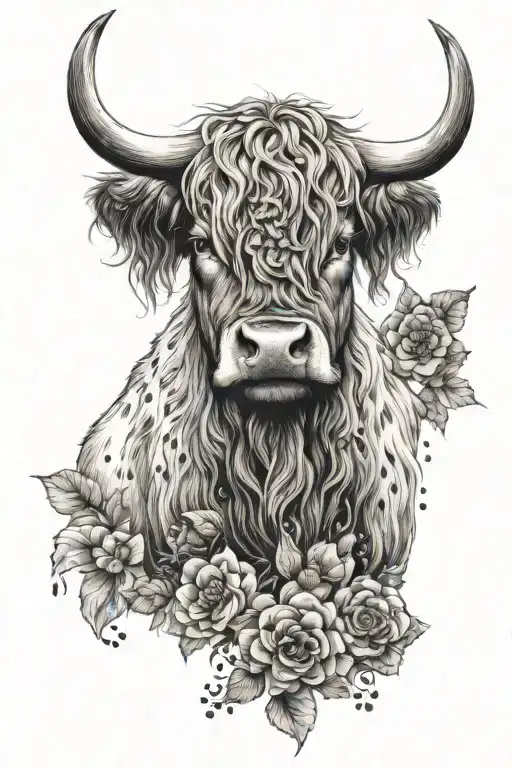 highland cow with flying owl tattoo design idea