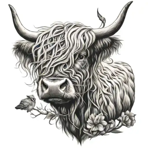 highland cow with owl flying tattoo design idea