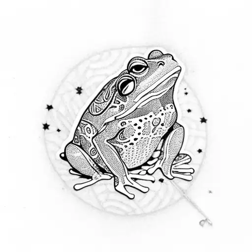 A traditional tattoo of a zentangle-inspired frog sitting on a lily pad, with clouds and stars in the background tattoo design idea