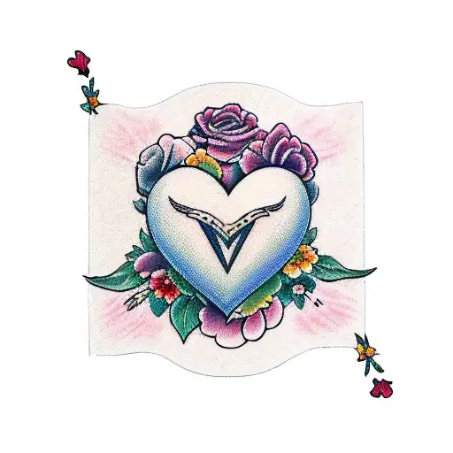 heart behind banner with border of flowers  tattoo design idea