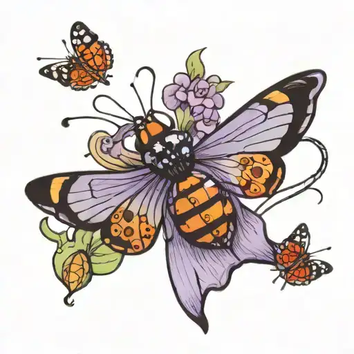 butterfly landing on a purple flower with an orange center, a spider coming down on a silk line, and a lady bug flying tattoo design idea