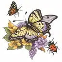 butterfly landing on a purple flower with an orange center, a spider coming down on a silk line, and a lady bug flying tattoo design idea