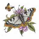 butterfly landing on a purple flower with an orange center, a spider coming down on a silk line, and a lady bug flying tattoo design idea