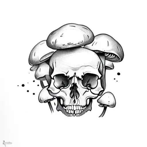 skull with mushrooms growing out tattoo design idea