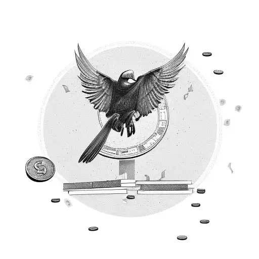 A broken winged crow surrounded by dollar bills and coins tattoo design idea
