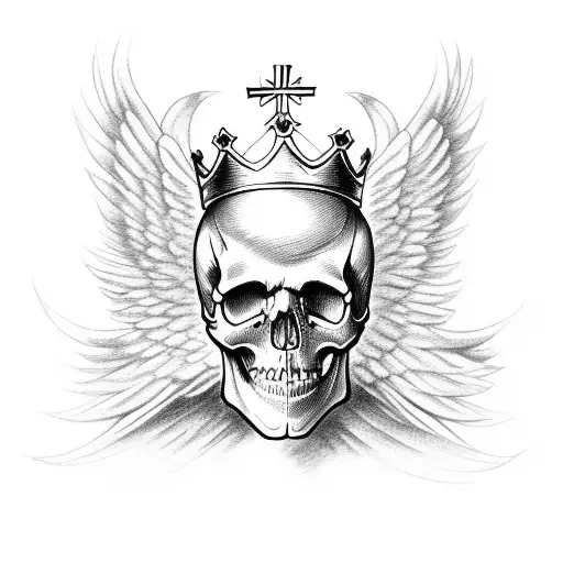 A skull with angel wings and a crown, symbolizing the juxtaposition of success and death tattoo design idea