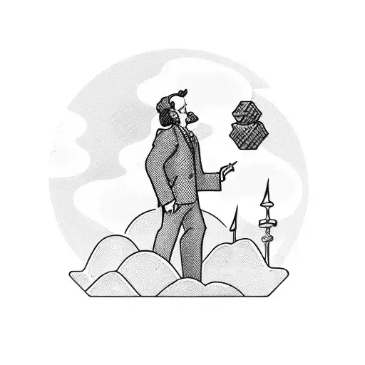 A businessman standing on top of a mountain of money, depicting the pursuit of success and luxury tattoo design idea