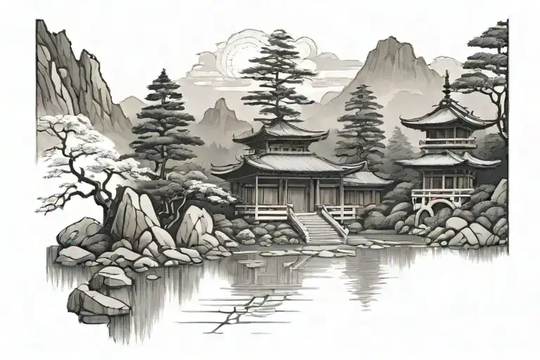 japanese temple, zen garden, mountain scene tattoo design idea