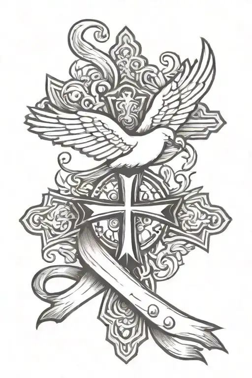 white dove cancer ribbon cross surrounded tattoo design idea