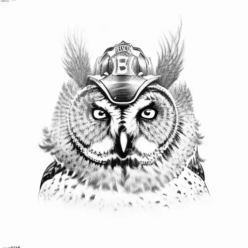 A black and grey owl wearing a firefighter helmet tattoo design idea