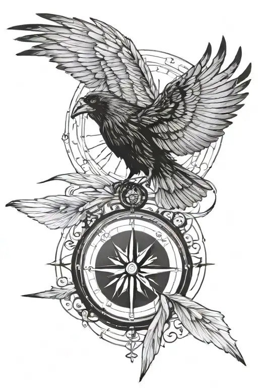 compass, raven with outstretched wings tattoo design idea