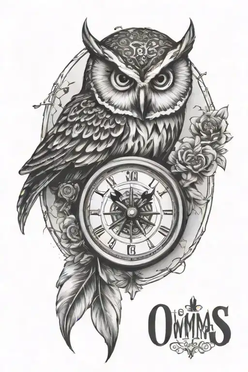 compass, owl with a clock tattoo design idea