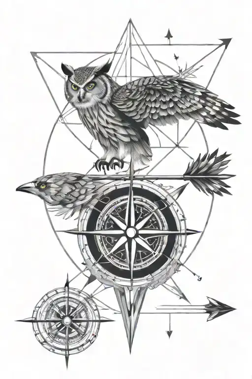 compass, world, eagle owl, arrow tattoo design idea