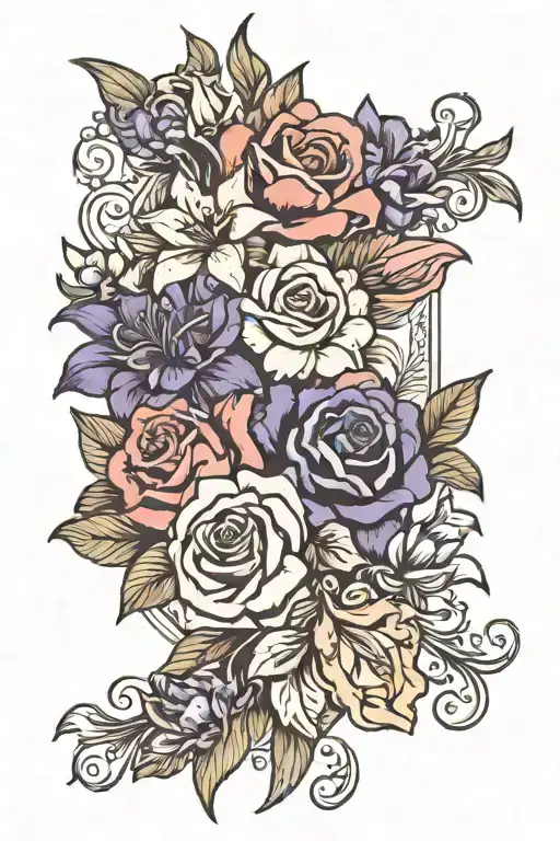 Flower boutique tattoo with roses, lilies, narcissus, gladiolus, aster, and iris tattoo design idea