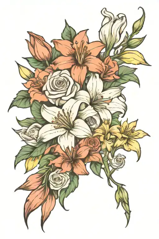 Flower boutique tattoo with roses, lilies, narcissus, gladiolus, aster, and iris tattoo design idea