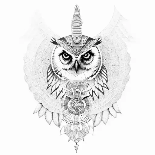 An owl with Anubis-inspired Egyptian symbols incorporated into its feathers tattoo design idea