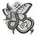 half snake, half scolopendra, snake's mouth devouring a butterfly, on the forearm tattoo design idea