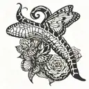 half snake, half scolopendra, snake's mouth devouring a butterfly, on the forearm tattoo design idea