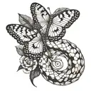 half snake, half scolopendra, snake's mouth devouring a butterfly, on the forearm tattoo design idea