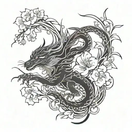 dragon Chinese ox fox apple flowers and willow vine tattoo design idea