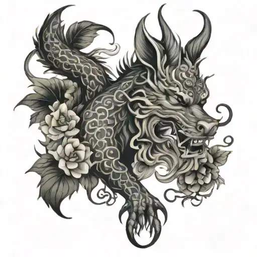 dragon Chinese ox fox apple flowers and willow vine tattoo design idea