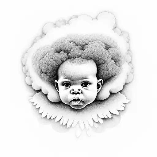 afro baby angel watching from cloud tattoo design idea